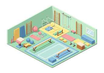 Obraz premium Isometric view of a well-equipped gymnastics training facility with various apparatus