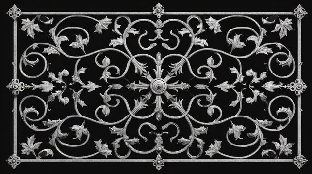2.Decorative ironwork design showing intertwined vines and leaves, detailed scrollwork patterns, artistic metal gate concept, clean vector rendering