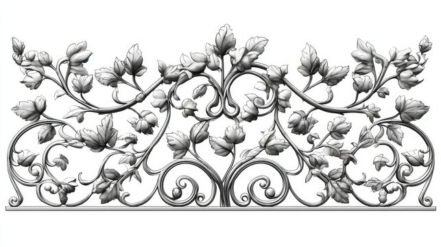2.Decorative ironwork design showing intertwined vines and leaves, detailed scrollwork patterns, artistic metal gate concept, clean vector rendering
