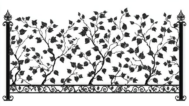 2.Decorative ironwork design showing intertwined vines and leaves, detailed scrollwork patterns, artistic metal gate concept, clean vector rendering