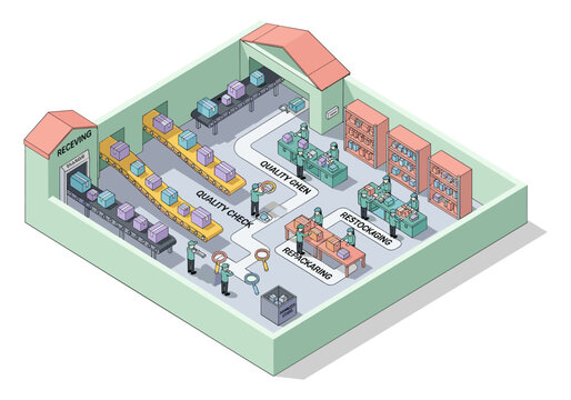Isometric warehouse logistics process with workers on conveyor belts and workstations