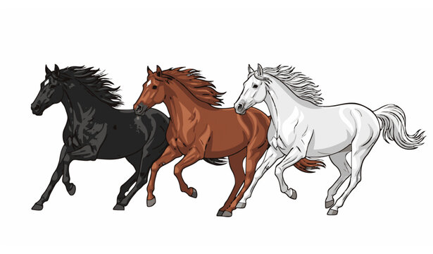 Dynamic Galloping Horses Vector Illustration with Black Brown and White Racing Horses