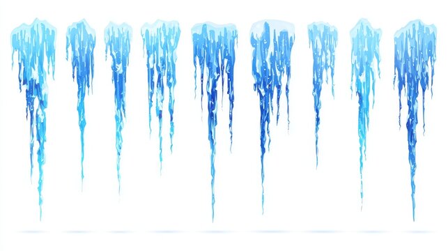 63.Blue ice icicles vector pack, stylized cartoon shapes, translucent frozen look, hanging downward forms, clean white background, winter illustration elements