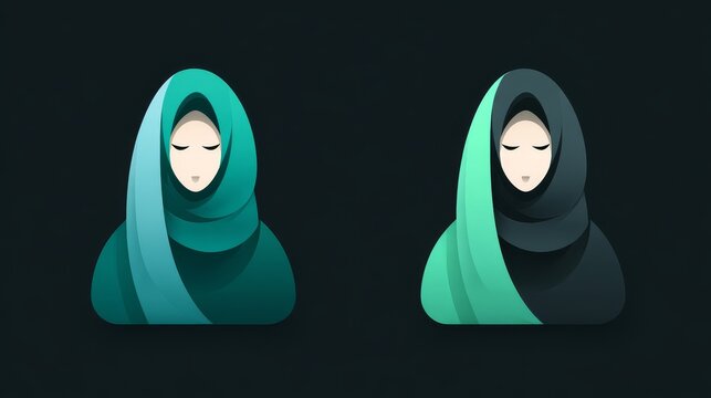 87.Stylized hijab logo icon depicting muslim woman, clean outline and subtle details, contemporary flat design, adaptable color scheme, scalable vector illustration