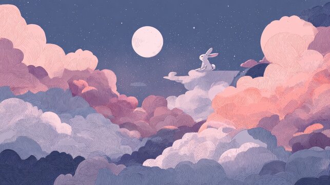 22.Playful fantasy illustration with a bunny and the moon suspended among clouds, pastel tones, minimal outlines, whimsical and calming nighttime mood