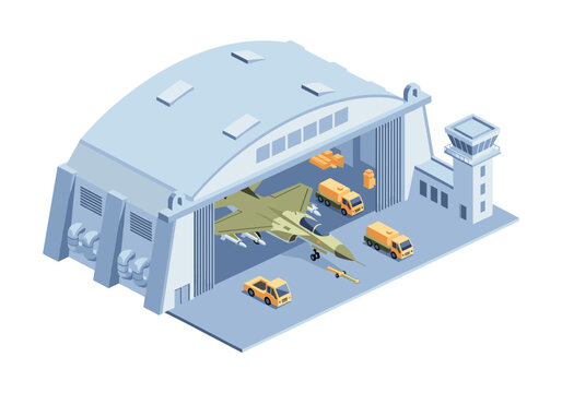 Military aircraft hangar with fighter jet and support vehicles in isometric view