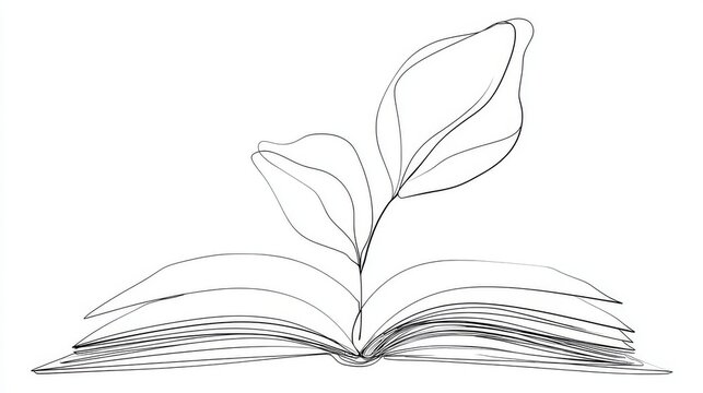 58.Clean continuous line artwork of an open book with a leaf sprout, thin linear strokes, minimal design, symbolic illustration of education and intellectual growth