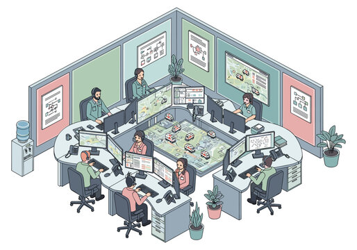Isometric view of a busy dispatch center with operators monitoring vehicles on a map