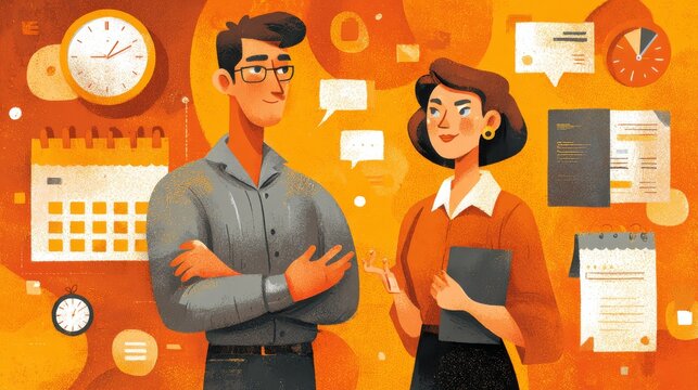 49.Vector artwork showing manager advising employee on proper time allocation, orange toned background, flat cartoon characters, calendar and clock icons, professional productivity concept