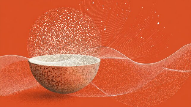 38.Modern abstract vector illustration showing a round shape with textured white dots around a half-filled sphere, delicate white wave lines, solid orange background