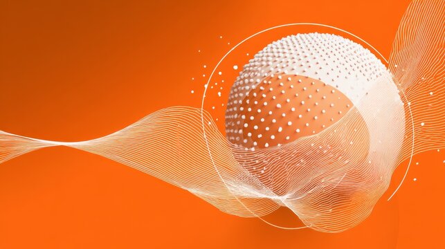 38.Modern abstract vector illustration showing a round shape with textured white dots around a half-filled sphere, delicate white wave lines, solid orange background