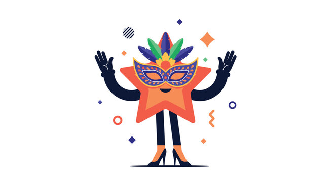 Orange star character wearing a purple carnival mask and high heels raises its hands in celebration amidst festive colorful geometric shapes.