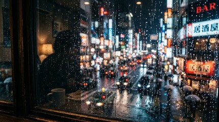 Obraz premium Rainy Night City Street View From Bar.