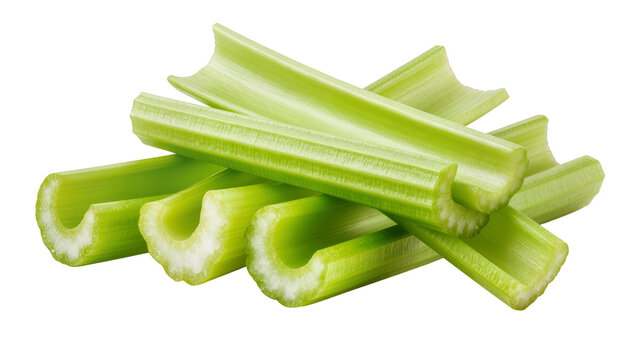 Fresh green celery stalks arranged diagonally on surface