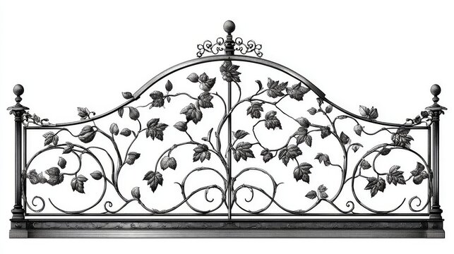 3.Elegant wrought iron gate detail emphasizing botanical leaf and vine elements, graceful curves and symmetry, refined vector illustration style