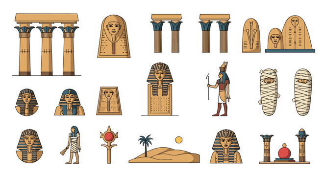 Comprehensive set of ancient egyptian icons including pharaoh busts, columns, mummies, and hieroglyphic symbols in a classic desert color palette.