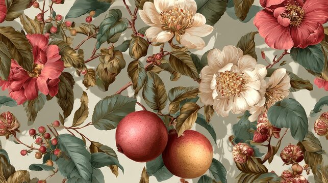 76.Elegant vintage style seamless pattern combining flowers, fruits and foliage, refined hand illustrated details, warm pastel colors, repeating wallpaper design with classic decorative appeal