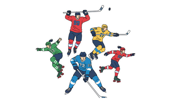 Ice hockey and roller derby players in action on white background