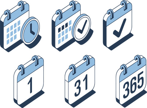 Isometric calendar icon set, project management schedule, time tracking with check mark and clock symbols