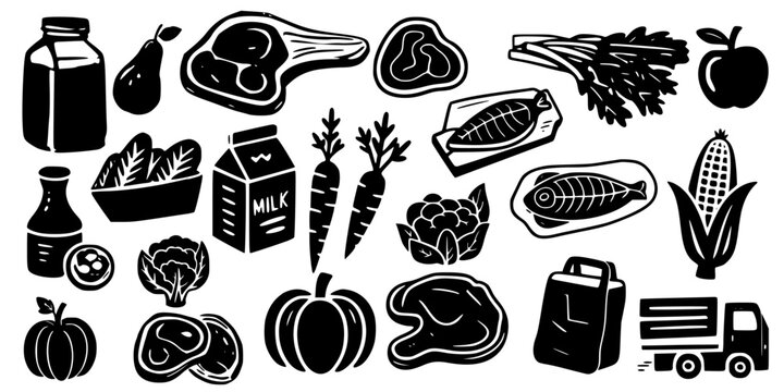 Solid Food Elements Set. Black Silhouette Collection of Grocery, Farm Products and Delivery Items.