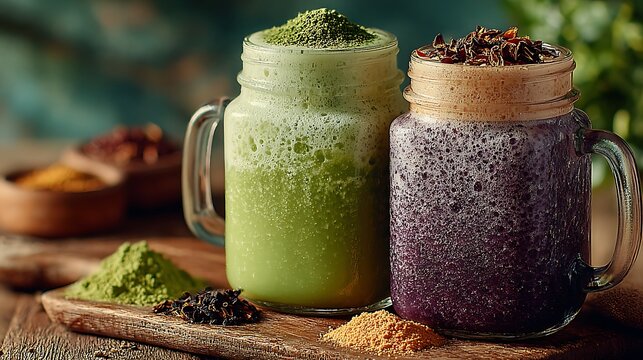 Green matcha latte and dark chocolate mocha coffee pairing images