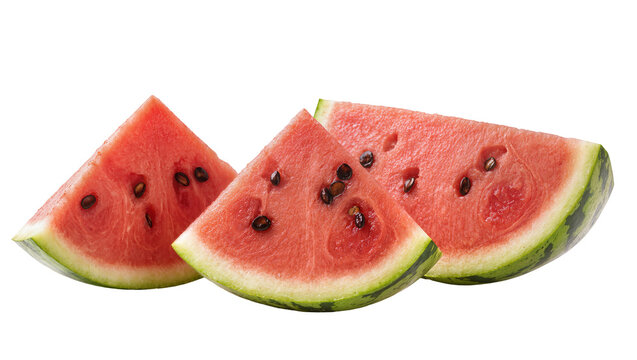 Juicy red watermelon slices with dark seeds and green rind