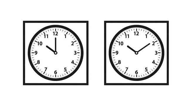 Black and white analog clock faces with hour and minute hands