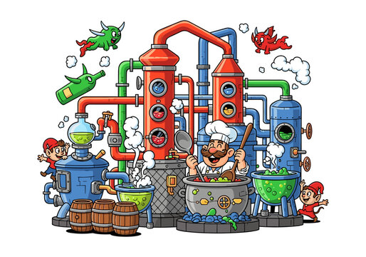 Whimsical cartoon chef and elves operating a colorful distillery with mythical creatures