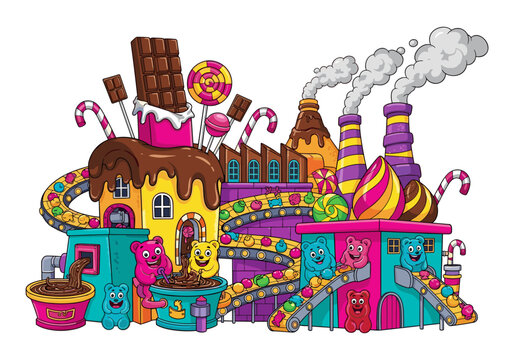 Whimsical candy factory with gummy bears and chocolate production