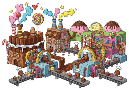 Whimsical chocolate factory with animated characters making sweets on conveyor belts
