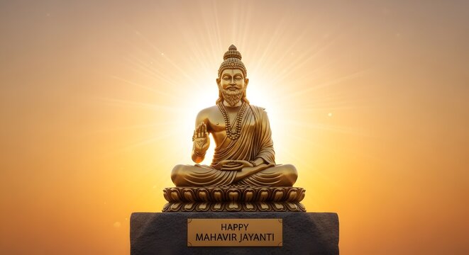 Golden statue of lord mahavir sitting in meditation against a radiant sunset background
