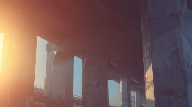 Concrete pillars and highway overpass structure creating a complex urban infrastructure abstract, illuminated by warm sunlight filtering through the architectural forms