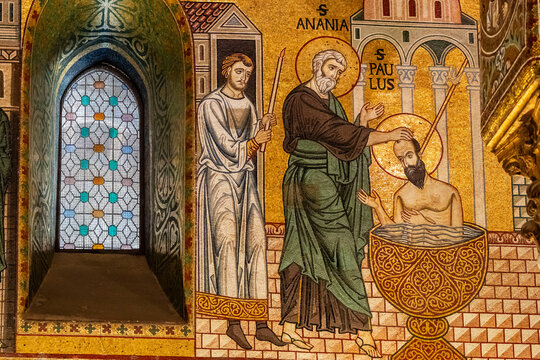 Baptism of Saint Paul by Saint Ananias in Damascus, Palatine Chapel, Arab-Norman-Byzantine style, 12th century, Palace of the Normans, Palermo, Sicily, Italy