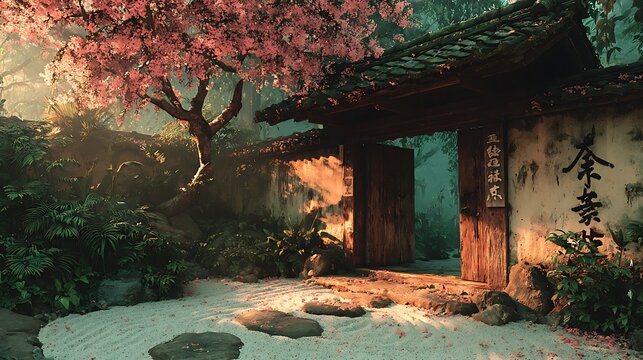Open gate leading into misty Japanese courtyard, perfect for meditation, travel and architecture visuals images