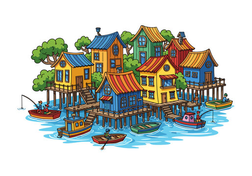 Charming cartoon village with colorful stilt houses and boats on the water