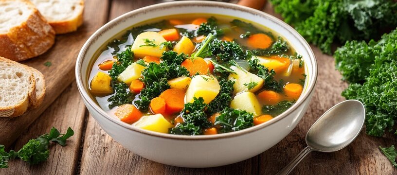 A bowl of vegetable soup with cabbage, kale, and potatoes is an exquisite way to create your own family's favorite winter storm food guide.