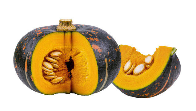 Dark green Kabocha pumpkin halves with orange flesh and seeds