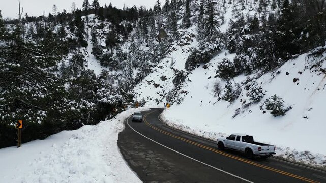 The Santa Ana River Valley in San Bernardio, California, after a winter storm near State Route 38 looking at the Road to Big Bear near Angelus Oaks 