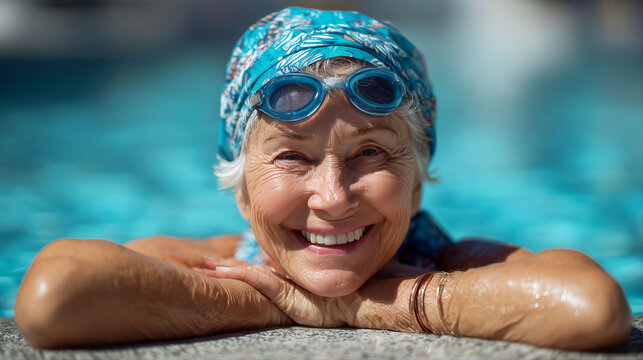 Happy Senior Woman Enjoying Swimming Pool for Active Healthy Aging Lifestyle