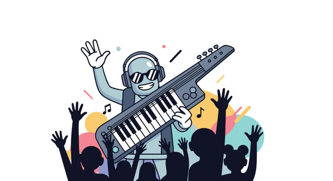 Energetic DJ character wearing headphones and sunglasses playing a keytar for a cheering crowd at a music event.