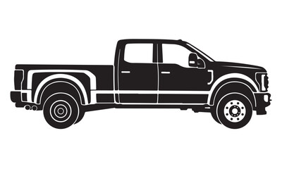Dually pickup truck silhouette, dual rear wheel pickup, heavy duty transport, vector isolated on white © binh