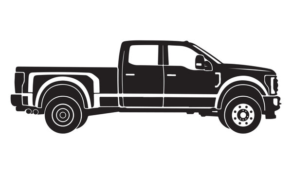 Dually pickup truck silhouette, dual rear wheel pickup, heavy duty transport, vector isolated on white