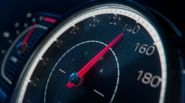 3D animation: Close-up Shot of Mechanical Gauge Cluster of a Classic Sports Car. Concept: Speed, Acceleration Performance and Power. Analogue Speedometer Showing Quick Acceleration of a Vehicle. 