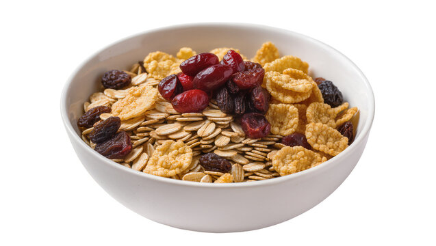 Granola mix with dried cranberries pumpkin seeds, and corn flakes in bowl
