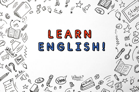 Learn English. Language course poster with different drawings on white background