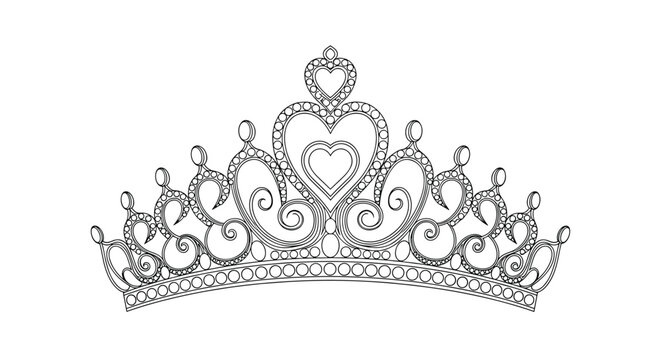 Detailed outline of an ornate royal tiara features multiple hearts and swirling patterns decorated with diamonds or pearls for a coloring book style.