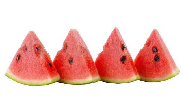 Four juicy watermelon wedges with dark seeds and vibrant red flesh