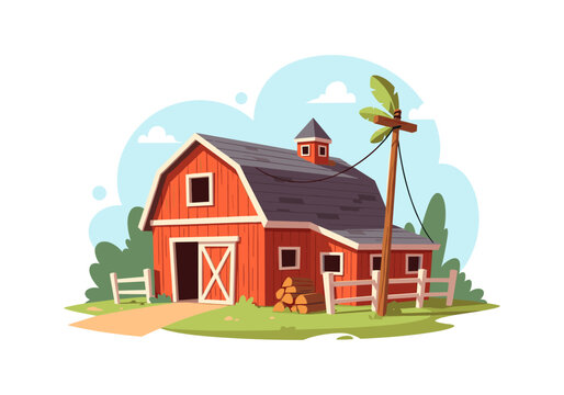 Charming red barn with a wooden fence and a utility pole in a rural landscape