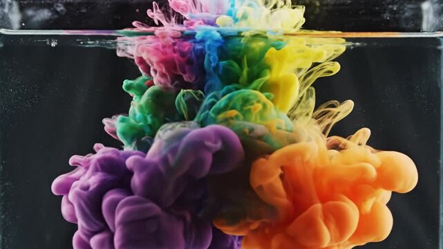 Colorful ink exploding in water creating vibrant rainbow abstract flowing artistic background