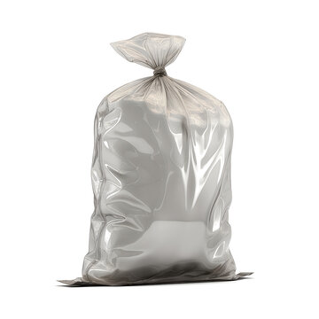 A transparent plastic bag containing a white granular substance is securely tied at the top and presented on a pristine white background